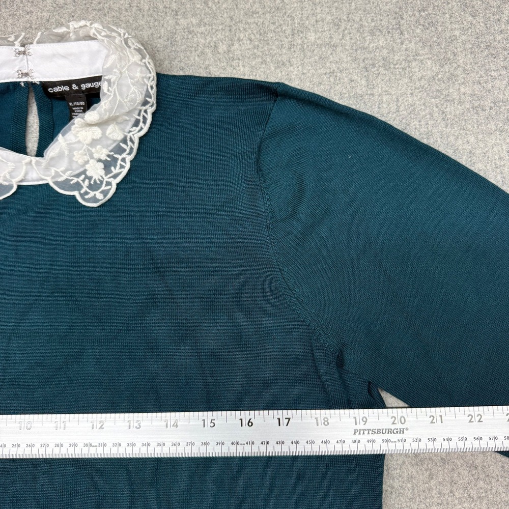 Cable & Gauge Sweater XL Teal Green Lace Peter Pan Collar Keyhole Back Knit Top - Picture 4 of 7